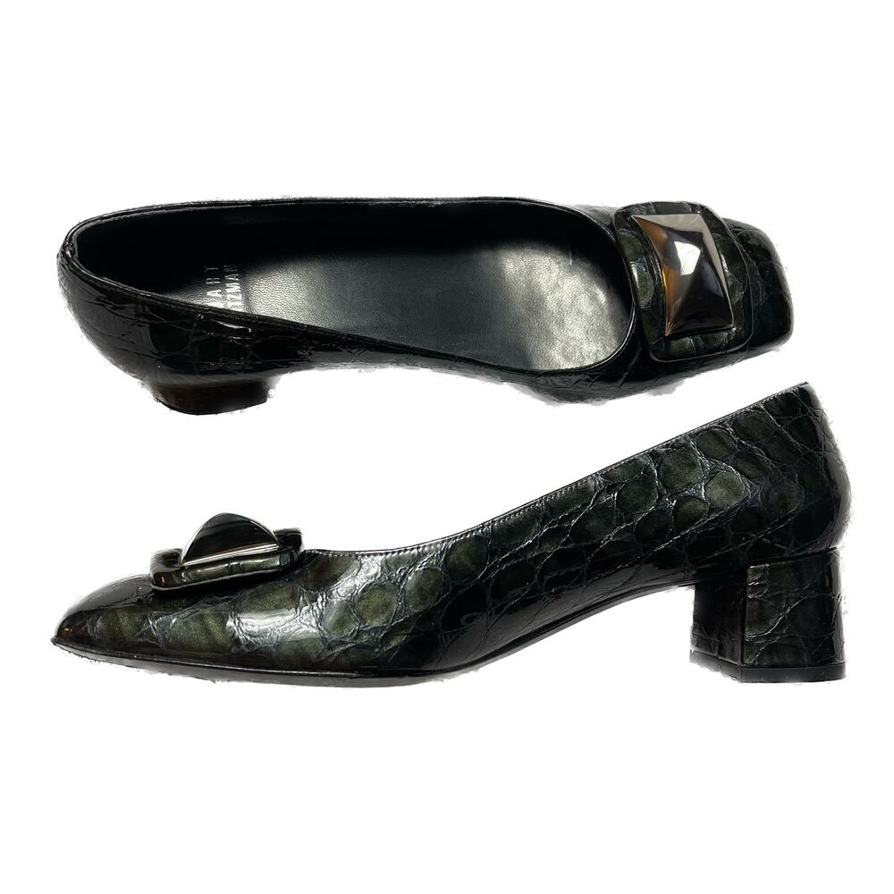 Stuart Weitzman Facet Black Patent Leather Croc Embossed Pumps Size 8.5